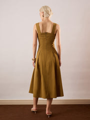 Women Khaki Brown Square-Neck Flared Midi Dress-SFDRSS13354