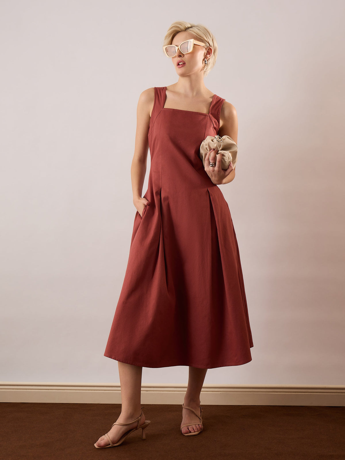 Women Rust Square-Neck Flared Midi Dress-SFDRSS13355