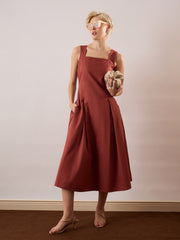 Women Rust Square-Neck Flared Midi Dress-SFDRSS13355
