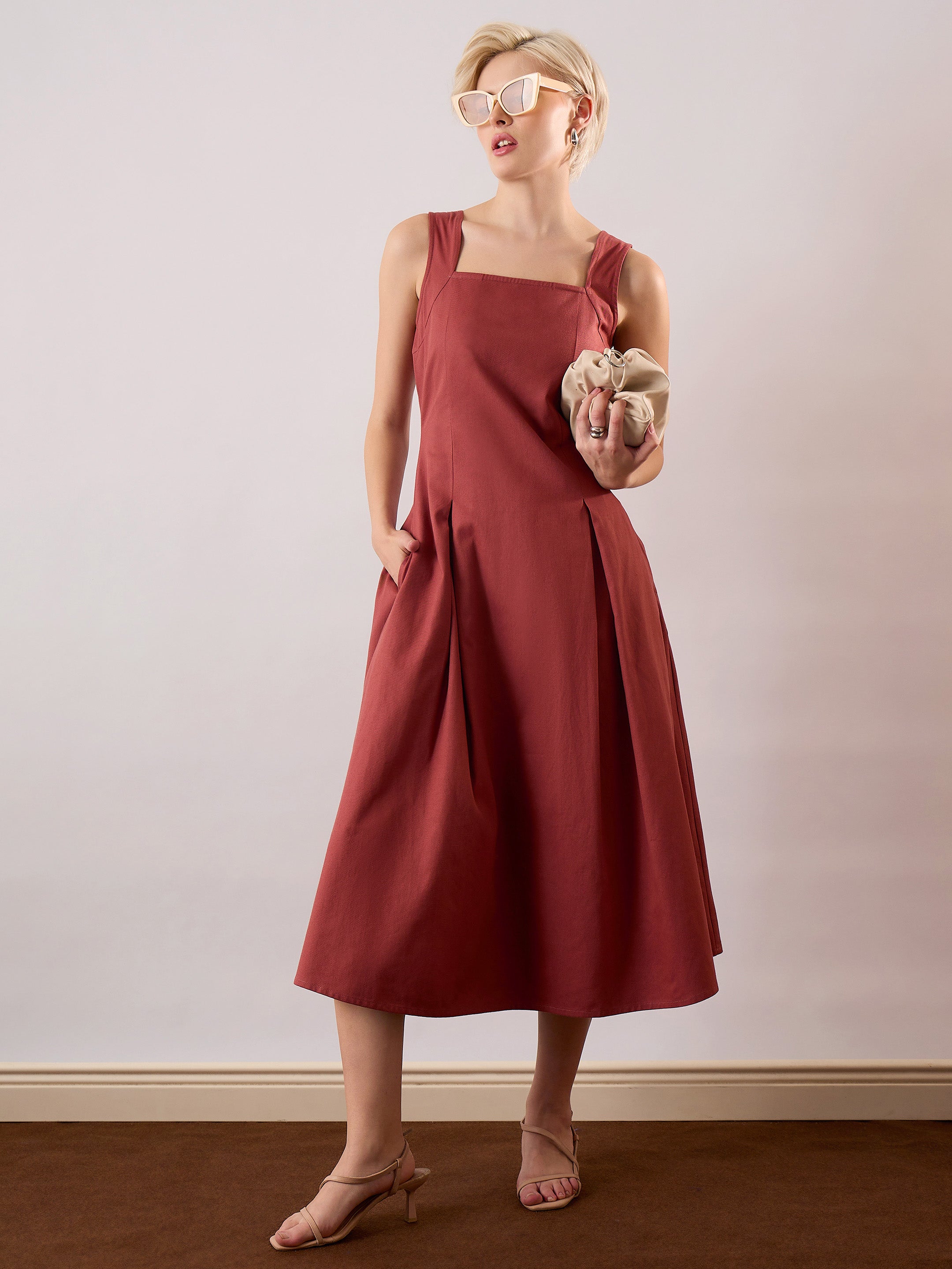 Women Rust Square-Neck Flared Midi Dress-SFDRSS13355