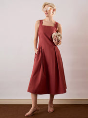 Women Rust Square-Neck Flared Midi Dress-SFDRSS13355