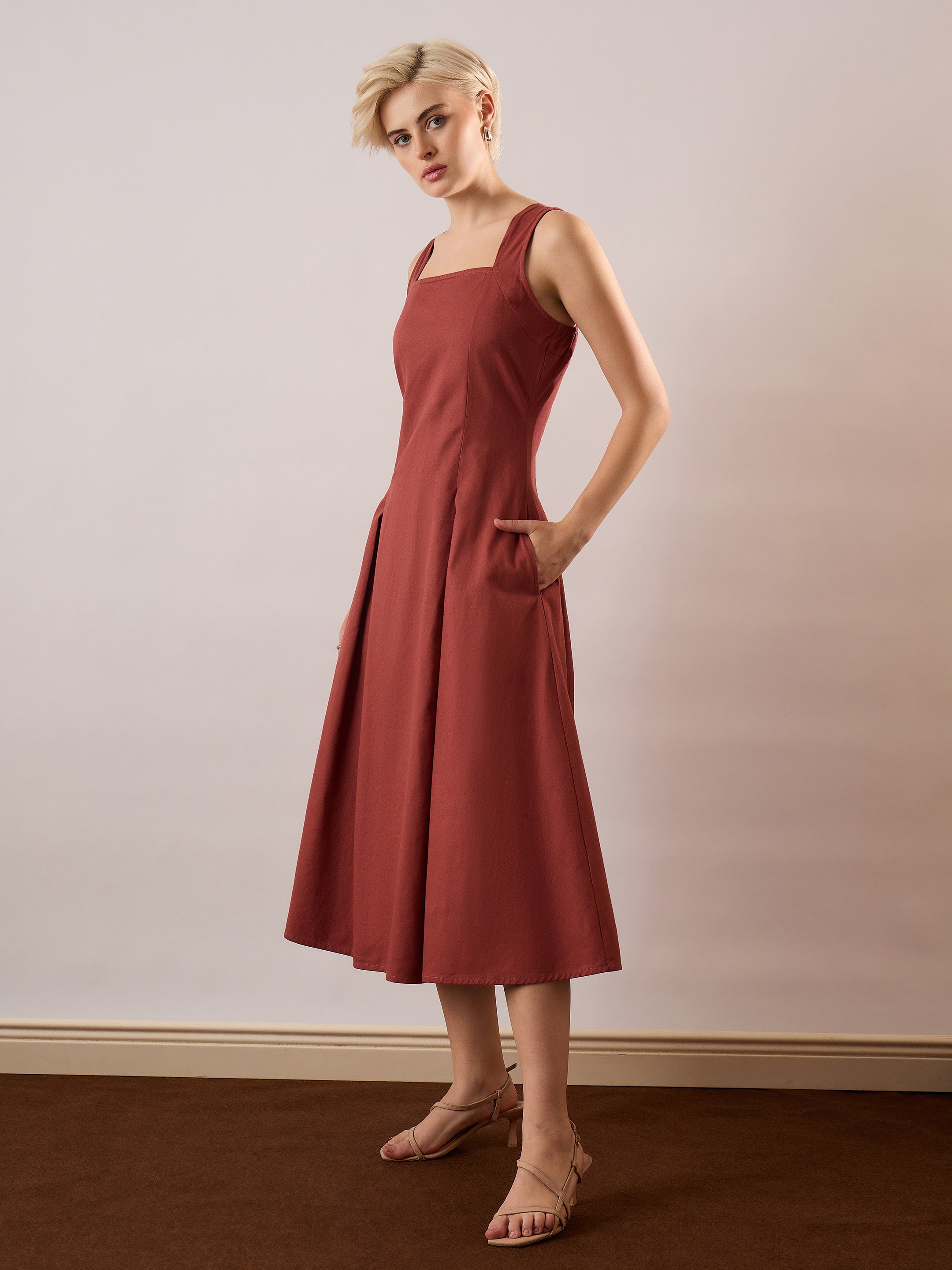 Women Rust Square-Neck Flared Midi Dress-SFDRSS13355