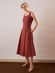 Women Rust Square-Neck Flared Midi Dress-SFDRSS13355