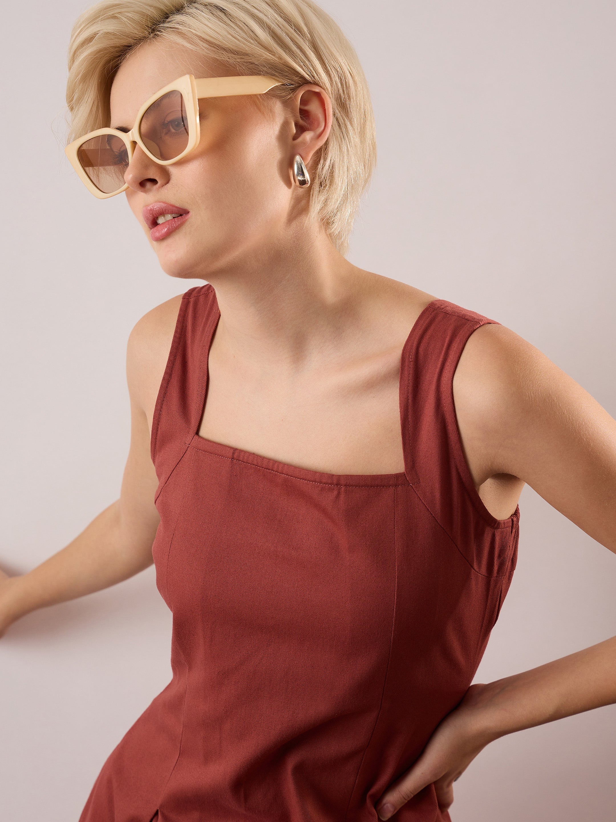 Women Rust Square-Neck Flared Midi Dress-SFDRSS13355