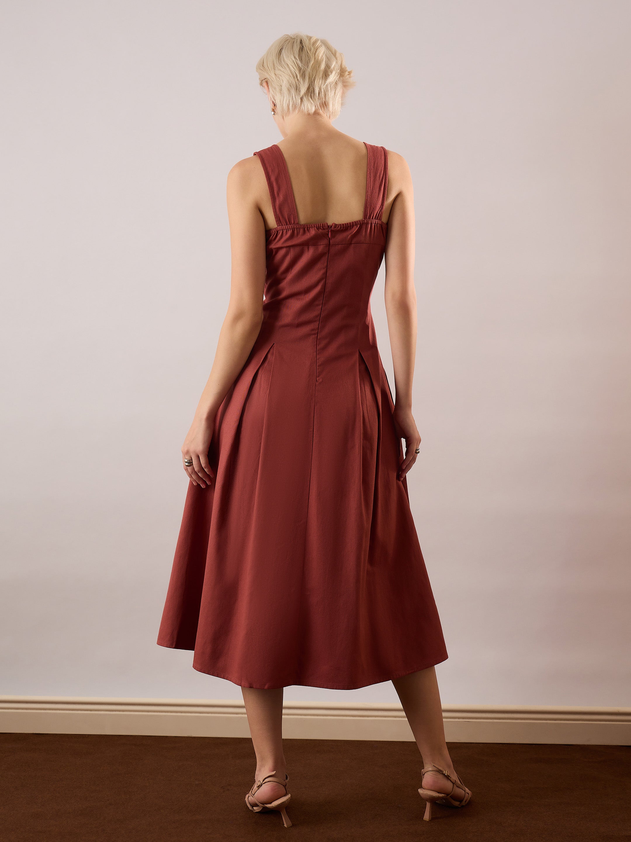 Women Rust Square-Neck Flared Midi Dress-SFDRSS13355