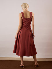 Women Rust Square-Neck Flared Midi Dress-SFDRSS13355