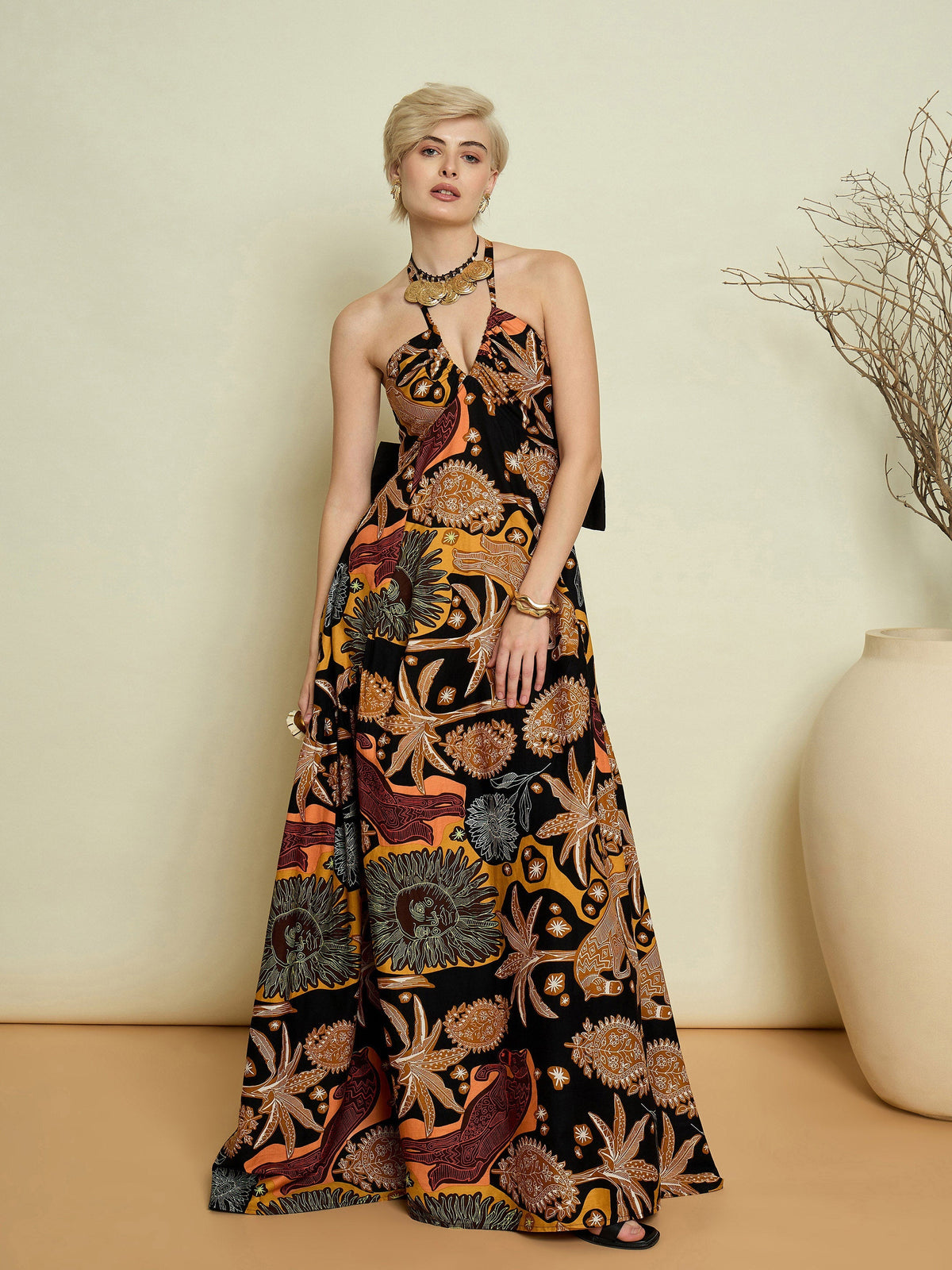 Women Black Boho Printed Back Bow Strappy Maxi Dress-SFDRSS13369
