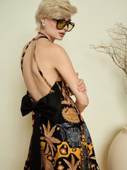 Women Black Boho Printed Back Bow Strappy Maxi Dress-SFDRSS13369