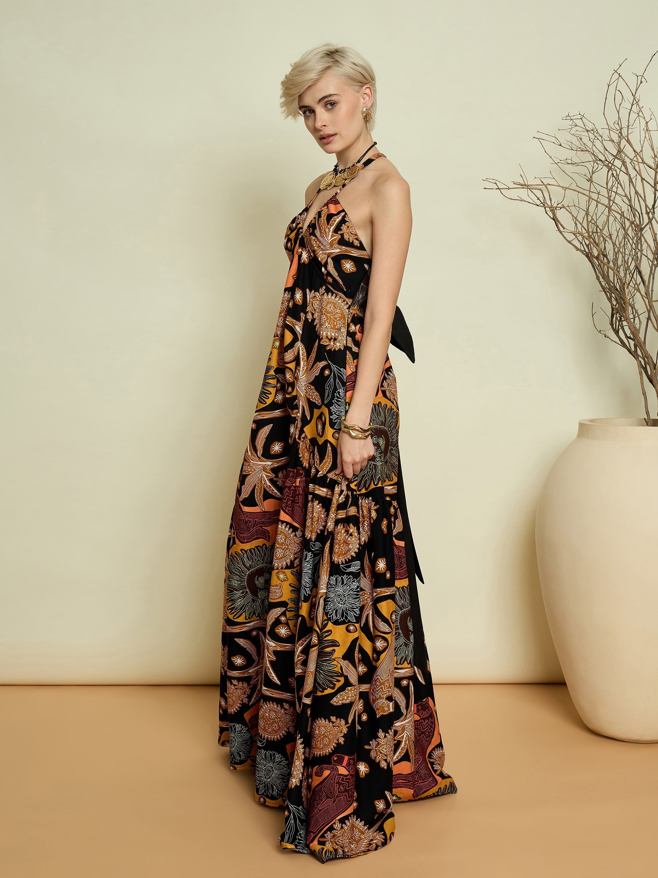 Women Black Boho Printed Back Bow Strappy Maxi Dress-SFDRSS13369
