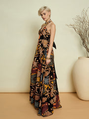 Women Black Boho Printed Back Bow Strappy Maxi Dress-SFDRSS13369