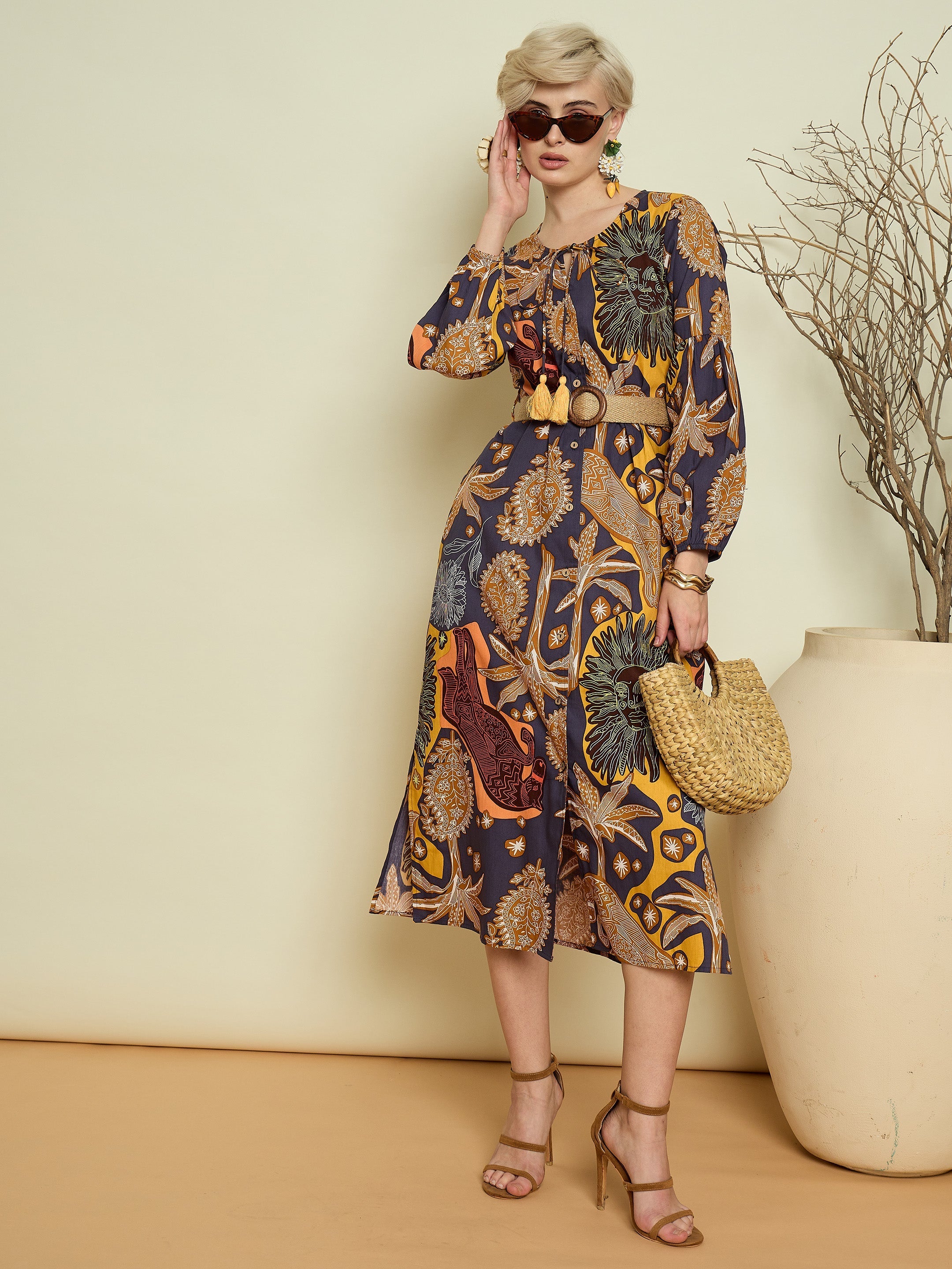 Women Grey Boho Printed Side Slit Midi Dress-SFDRSS13370