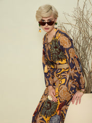 Women Grey Boho Printed Side Slit Midi Dress-SFDRSS13370