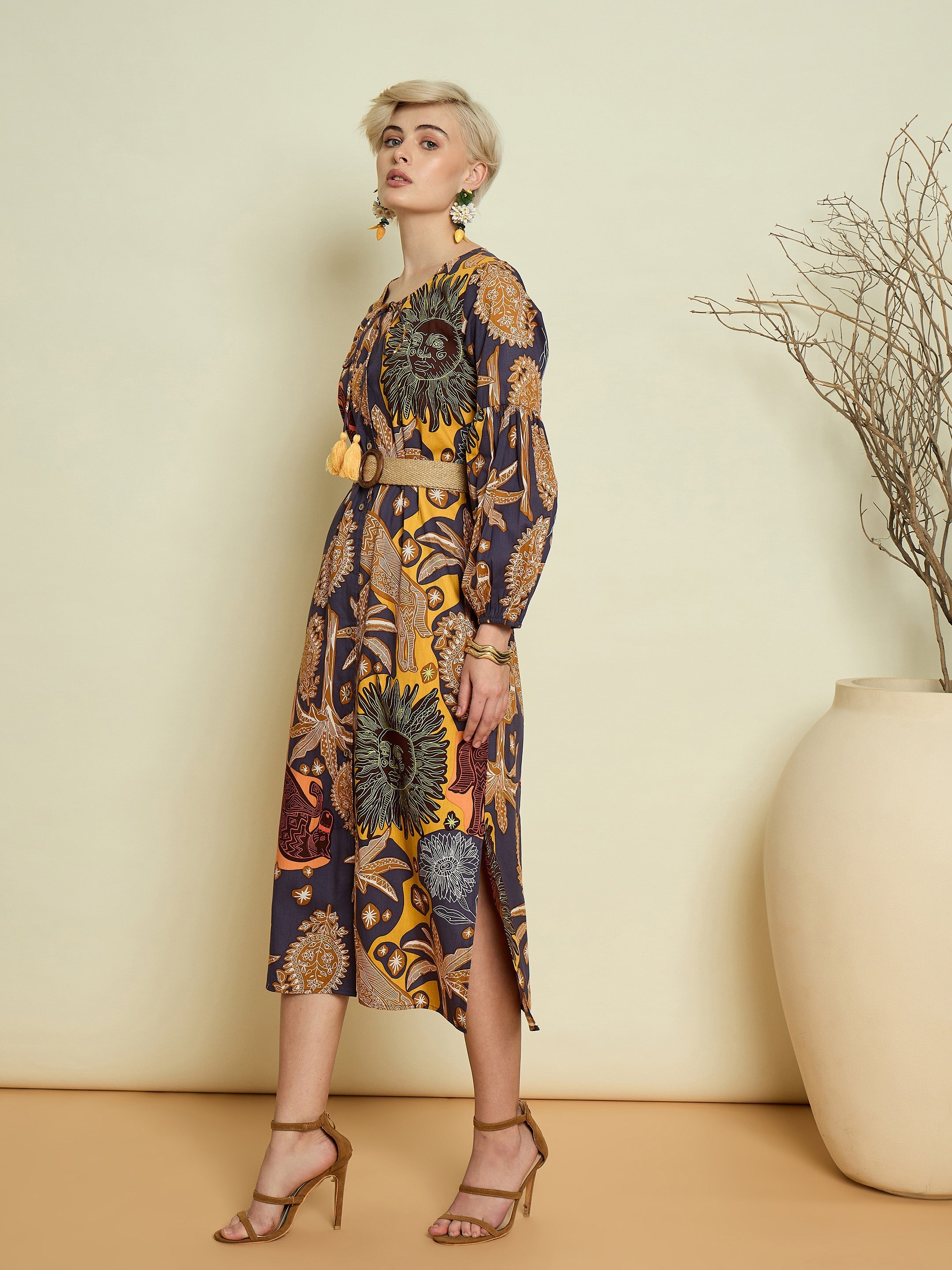 Women Grey Boho Printed Side Slit Midi Dress-SFDRSS13370