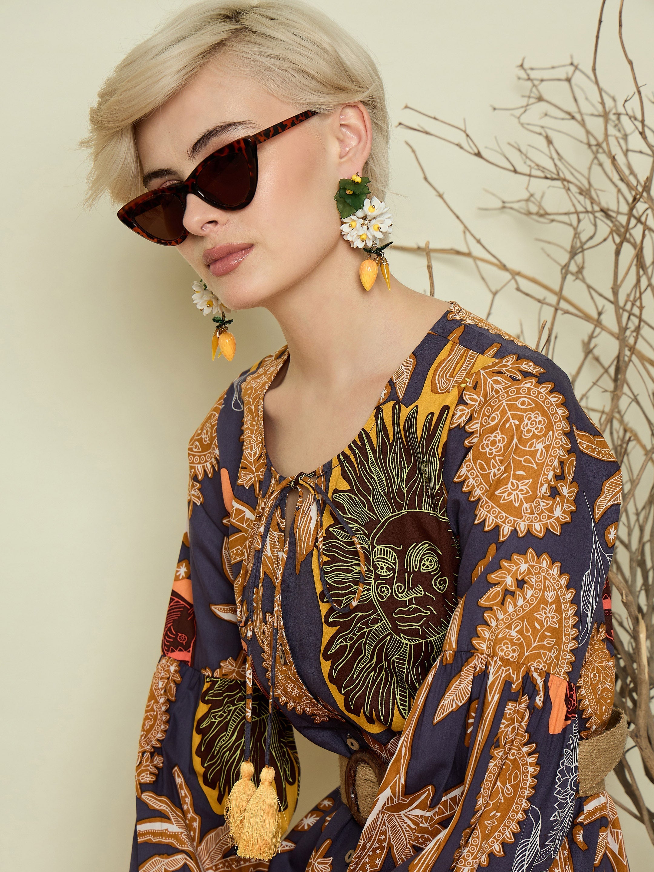 Women Grey Boho Printed Side Slit Midi Dress-SFDRSS13370