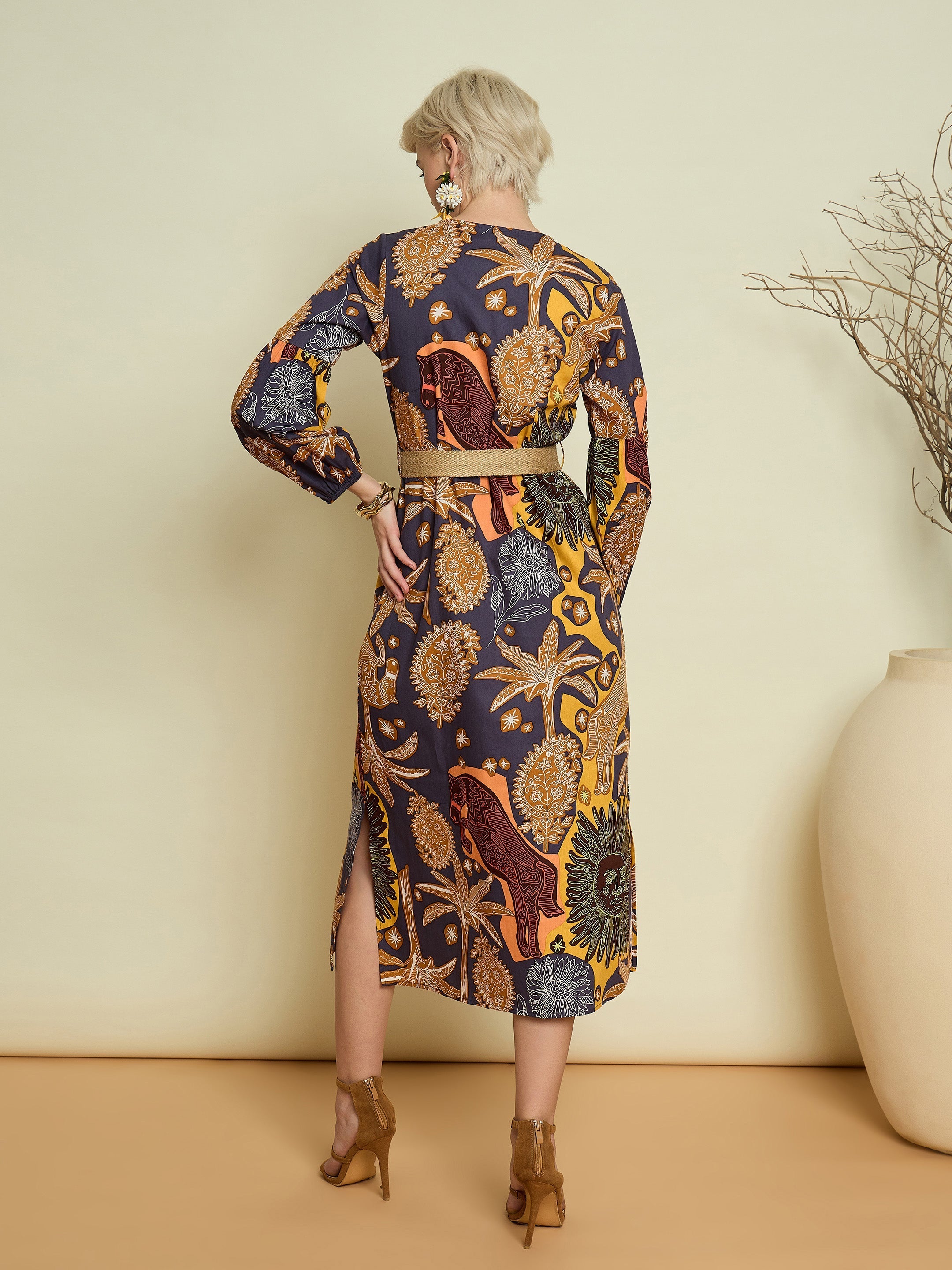 Women Grey Boho Printed Side Slit Midi Dress-SFDRSS13370