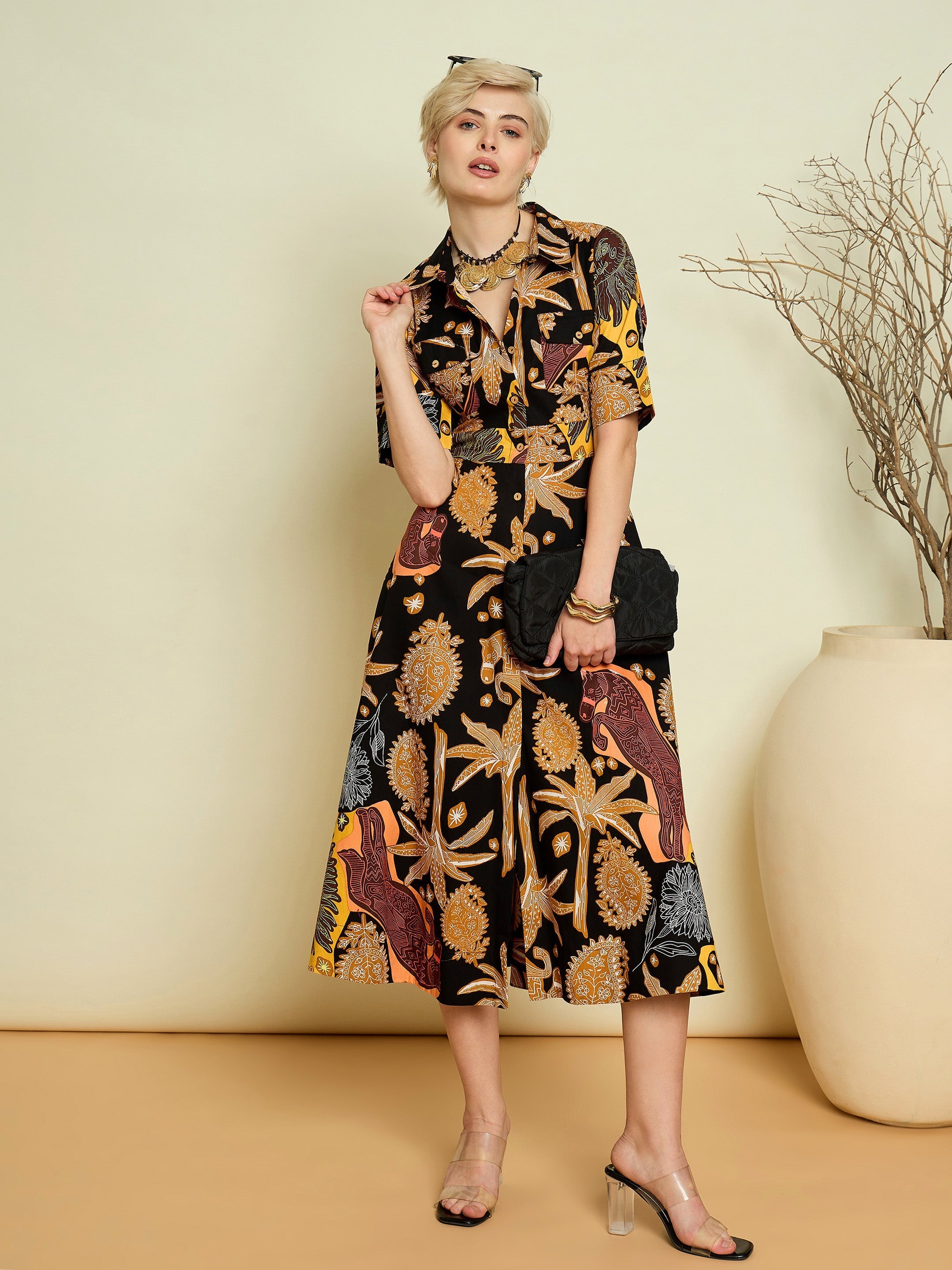 Women Black Boho Printed Button Placket A-Line Midi Dress-SFDRSS13371