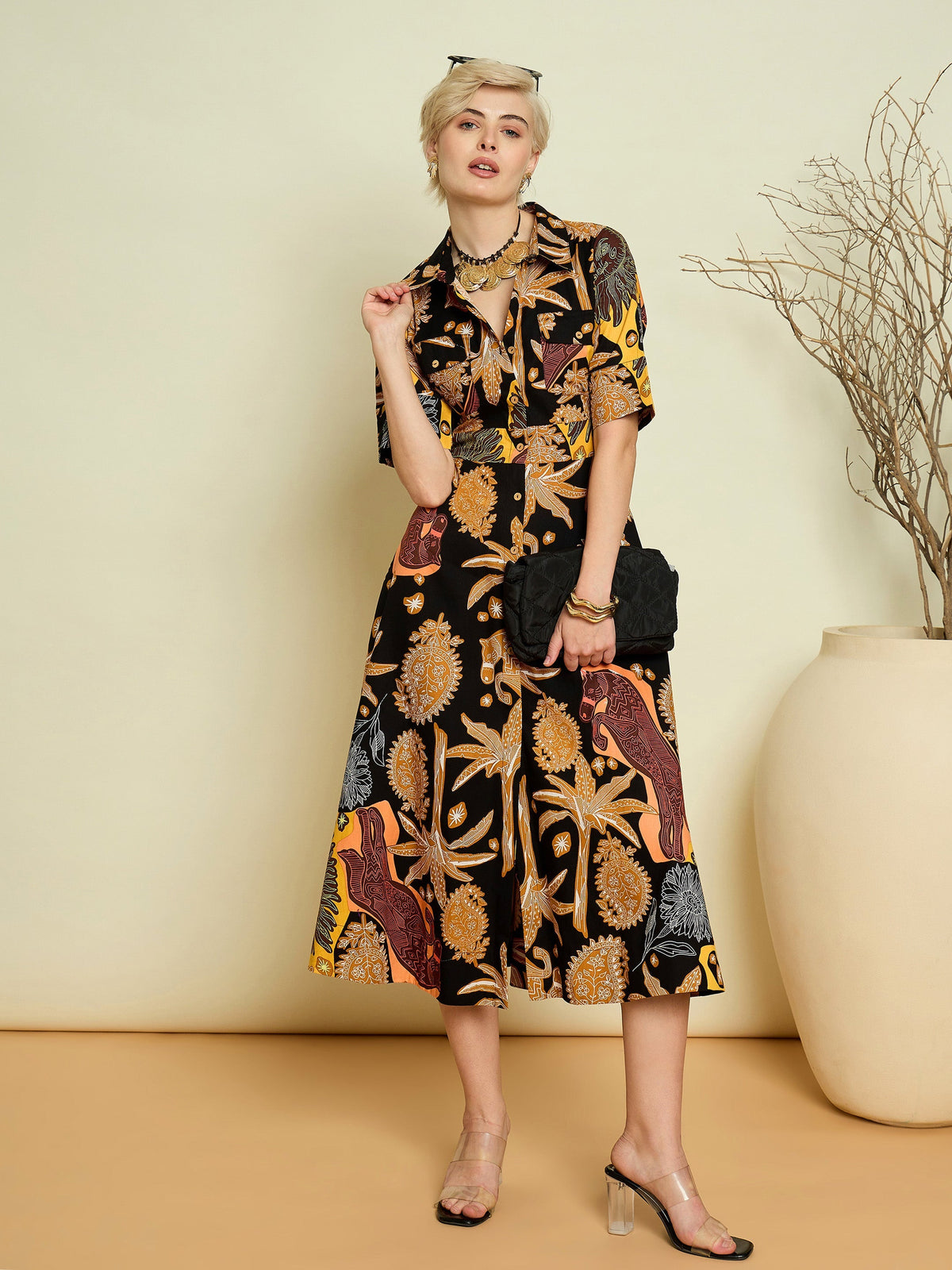 Women Black Boho Printed Button Placket A-Line Midi Dress-SFDRSS13371
