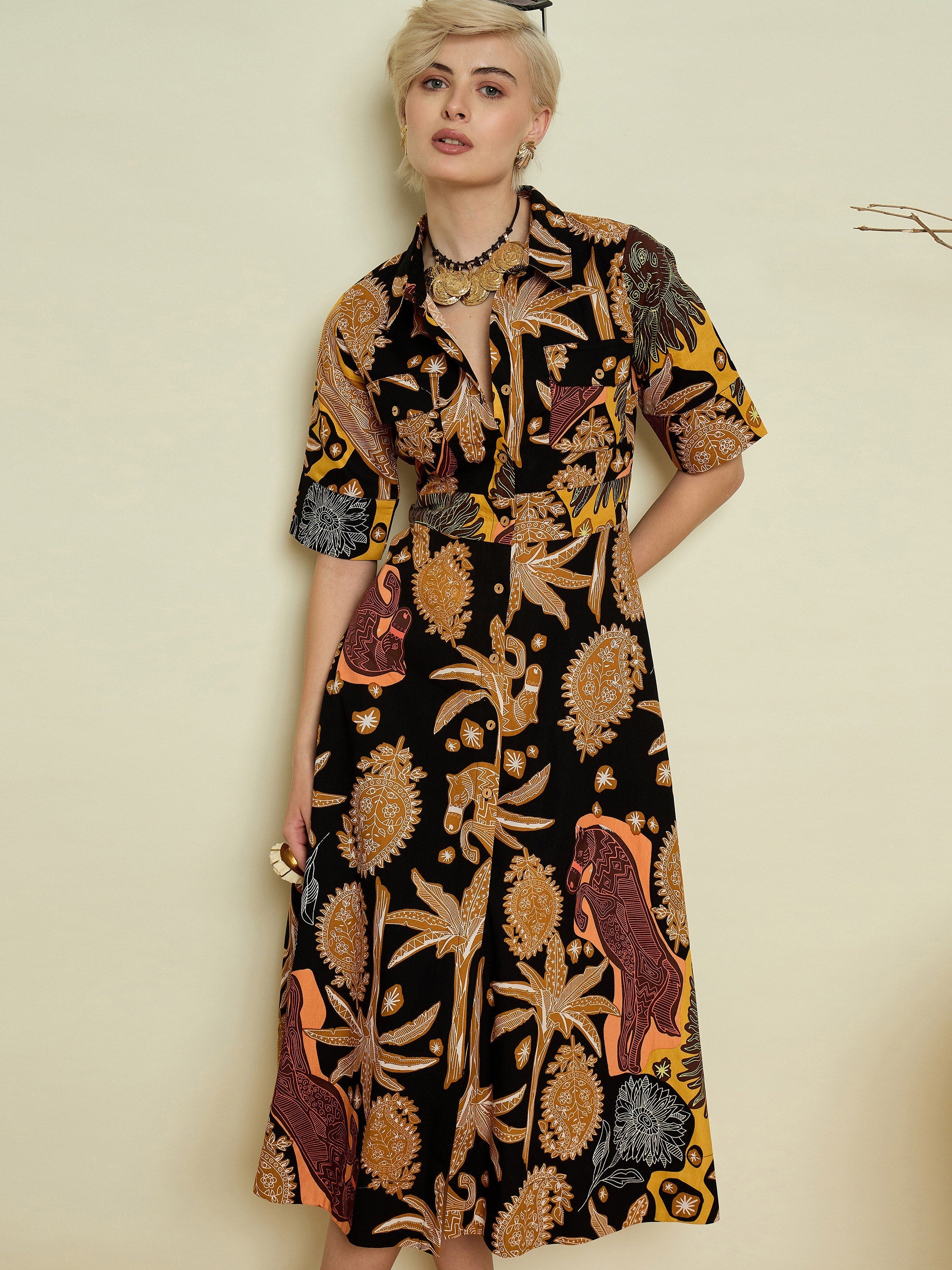 Women Black Boho Printed Button Placket A-Line Midi Dress-SFDRSS13371