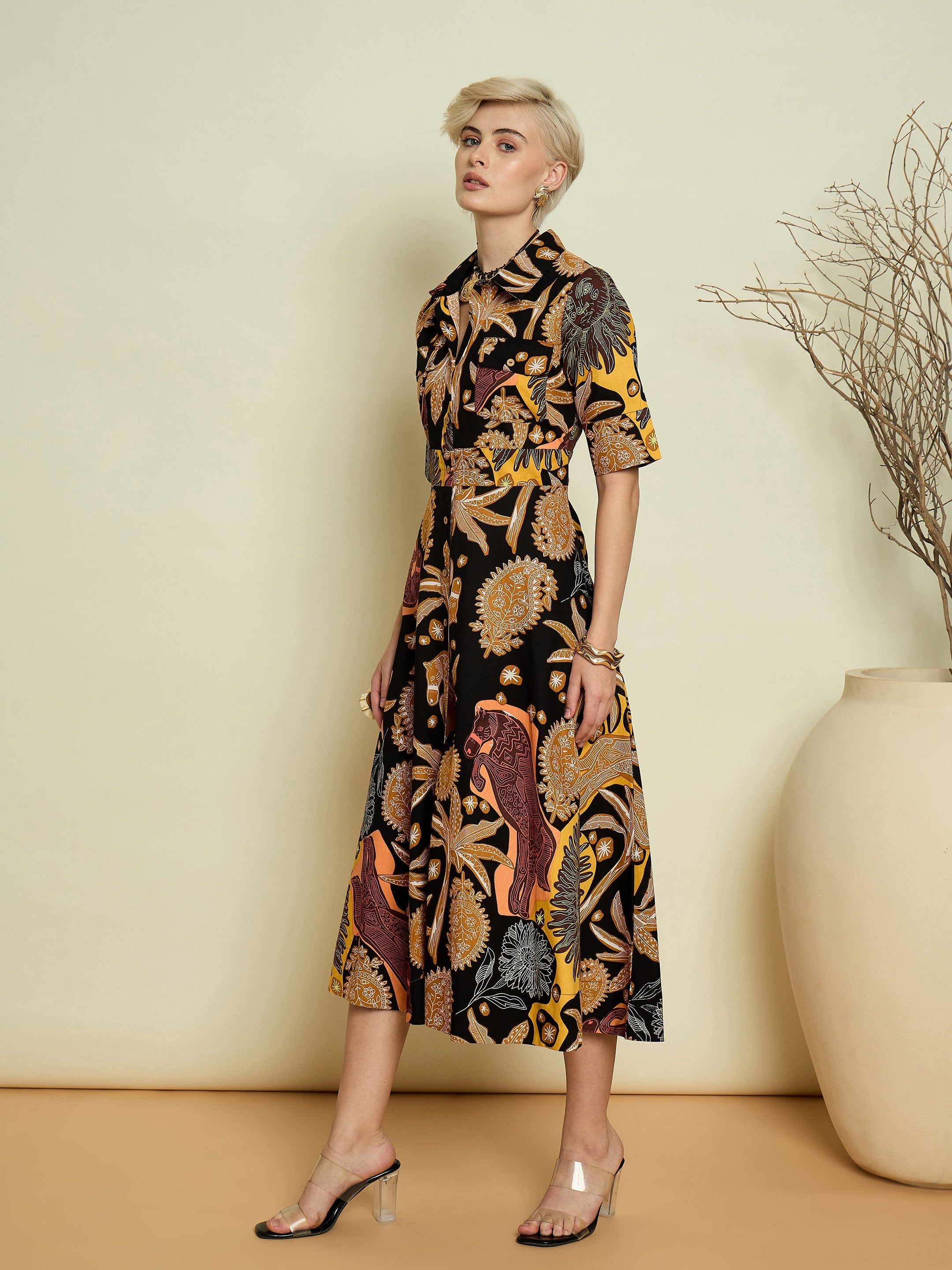 Women Black Boho Printed Button Placket A-Line Midi Dress-SFDRSS13371
