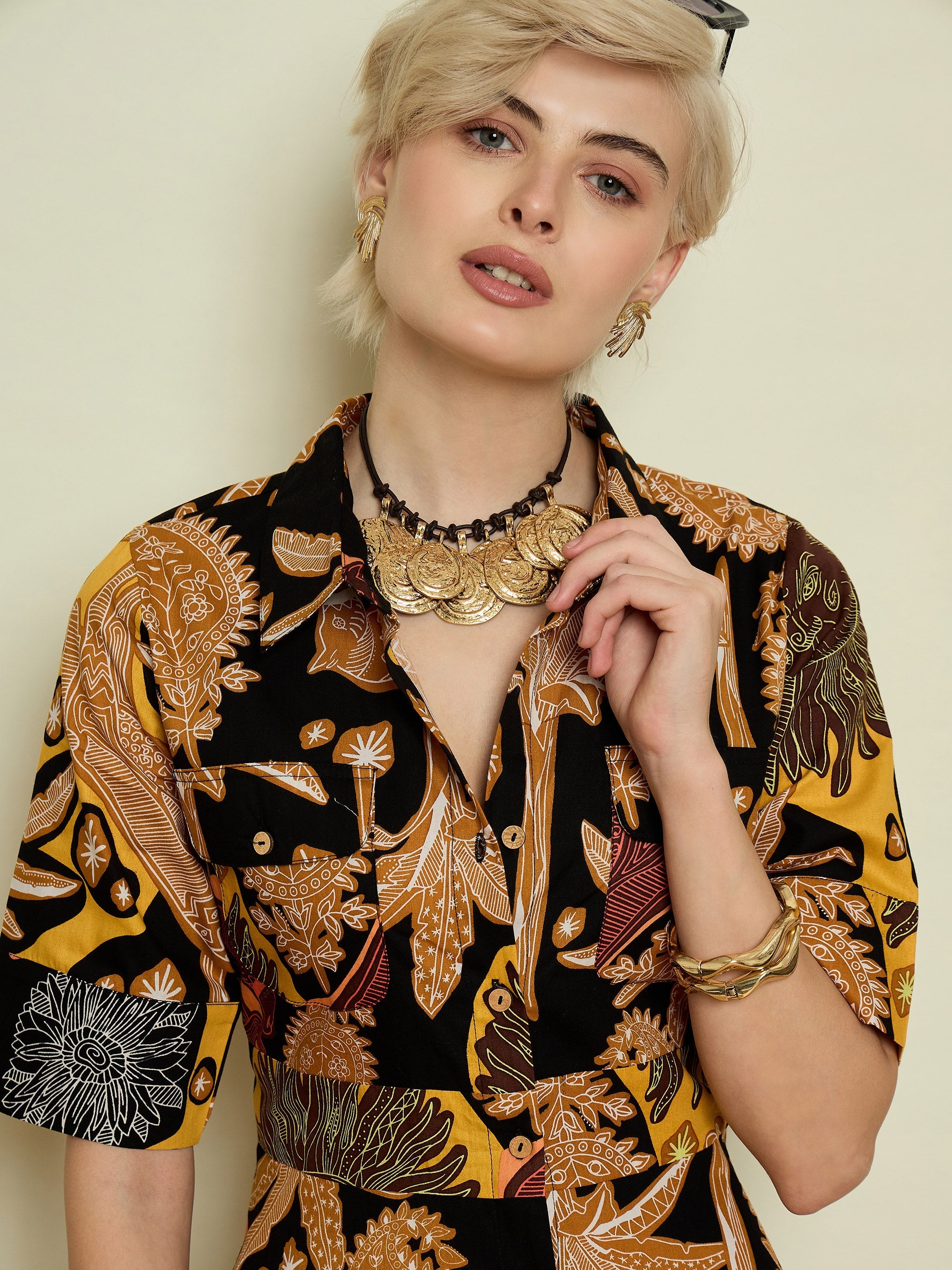 Women Black Boho Printed Button Placket A-Line Midi Dress-SFDRSS13371