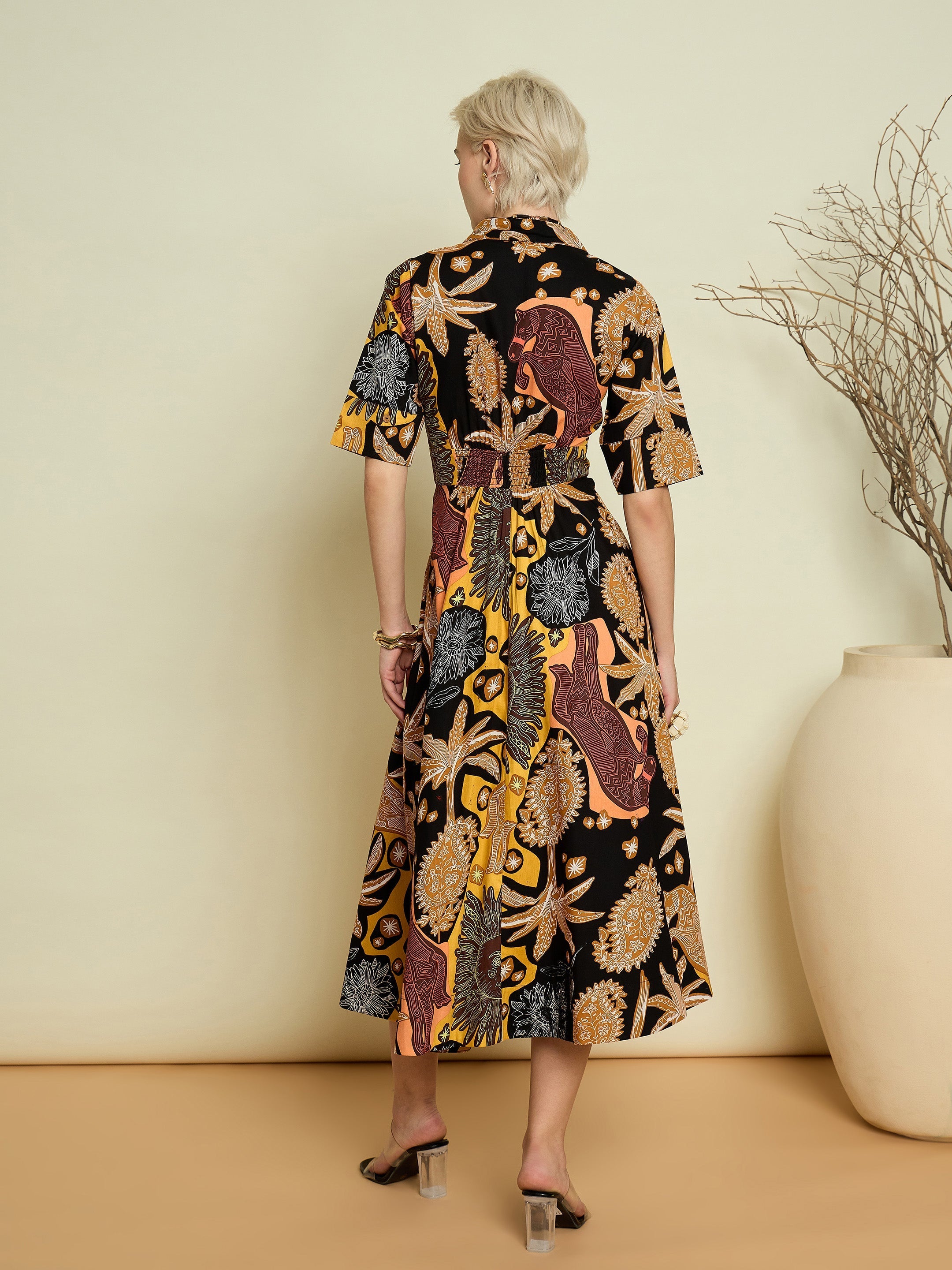Women Black Boho Printed Button Placket A-Line Midi Dress-SFDRSS13371