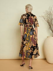 Women Black Boho Printed Button Placket A-Line Midi Dress-SFDRSS13371