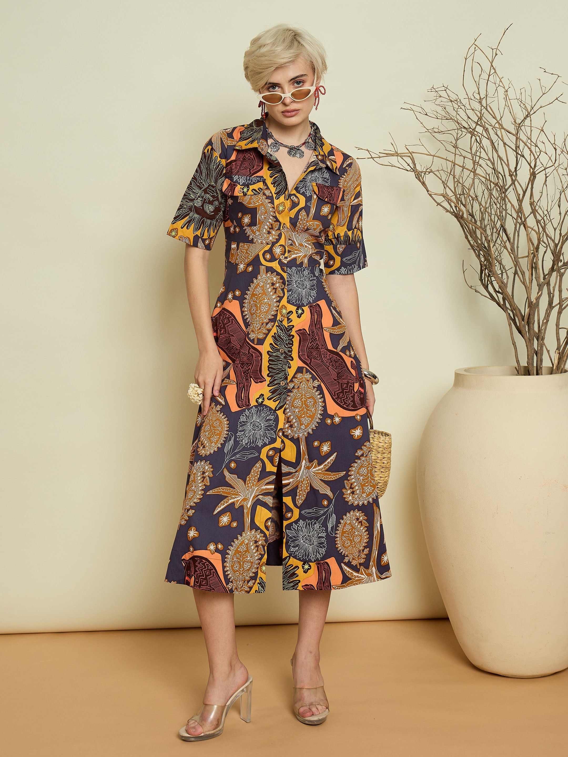 Women Grey Boho Printed Button Placket A Line Midi Dress-SFDRSS13372