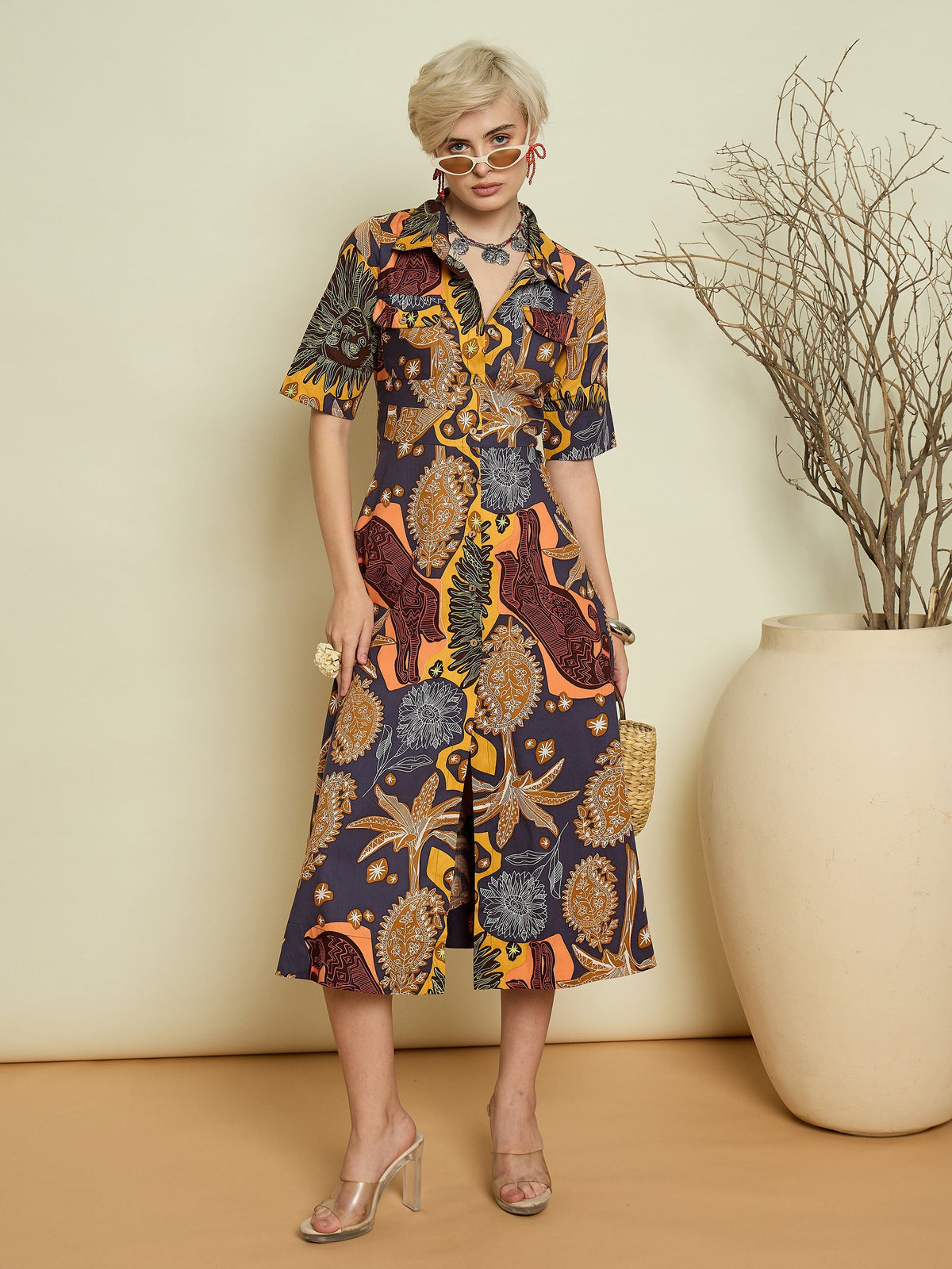 Women Grey Boho Printed Button Placket A Line Midi Dress-SFDRSS13372