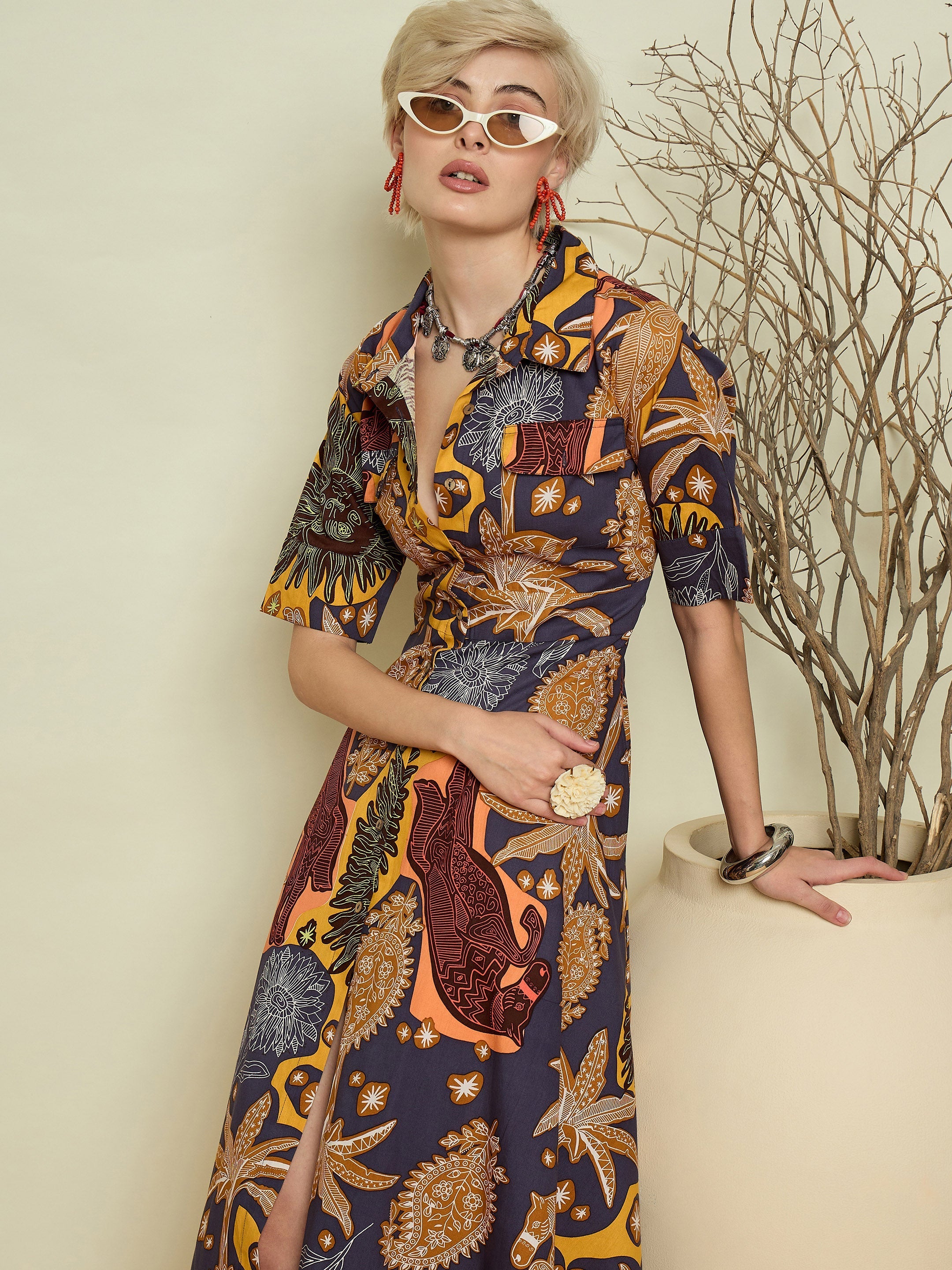 Women Grey Boho Printed Button Placket A Line Midi Dress-SFDRSS13372