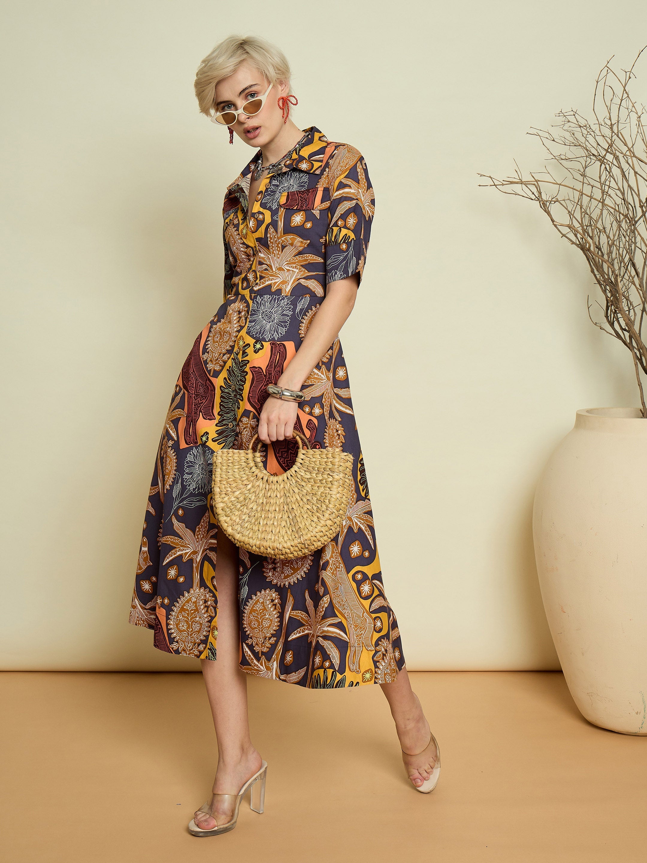 Women Grey Boho Printed Button Placket A Line Midi Dress-SFDRSS13372