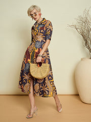 Women Grey Boho Printed Button Placket A Line Midi Dress-SFDRSS13372