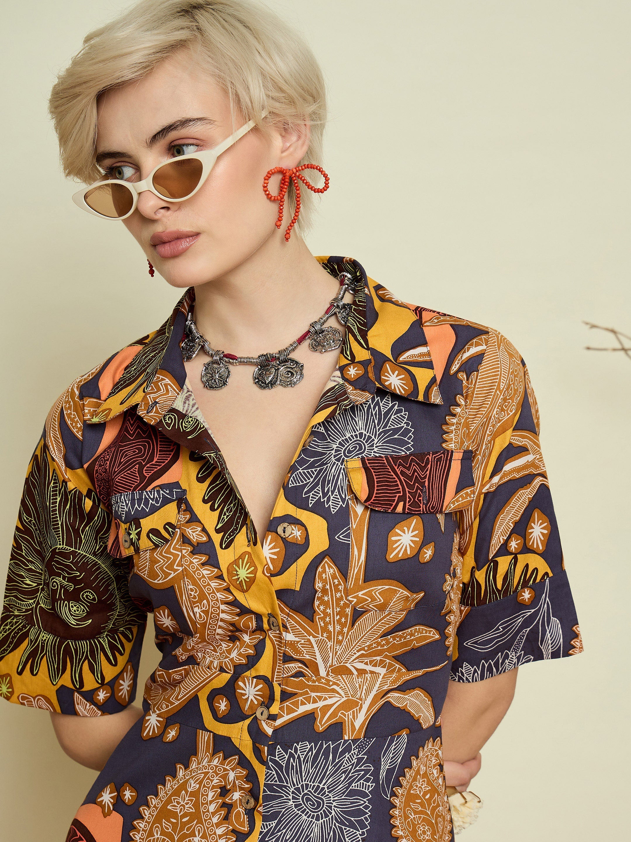 Women Grey Boho Printed Button Placket A Line Midi Dress-SFDRSS13372