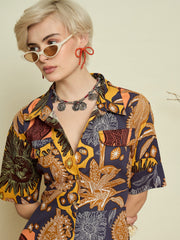 Women Grey Boho Printed Button Placket A Line Midi Dress-SFDRSS13372