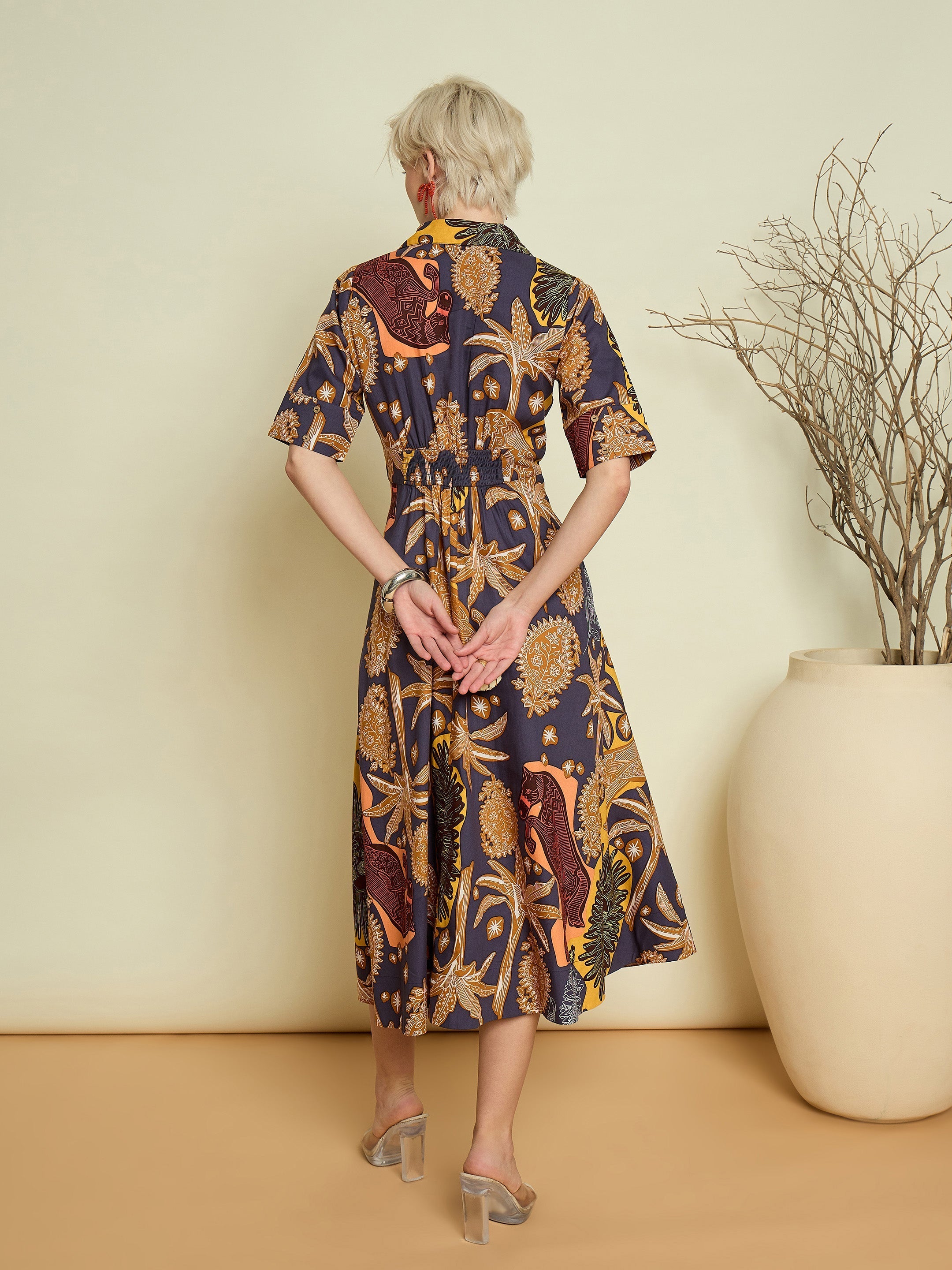 Women Grey Boho Printed Button Placket A Line Midi Dress-SFDRSS13372