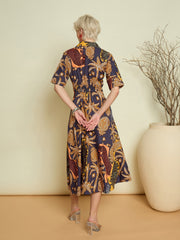 Women Grey Boho Printed Button Placket A Line Midi Dress-SFDRSS13372