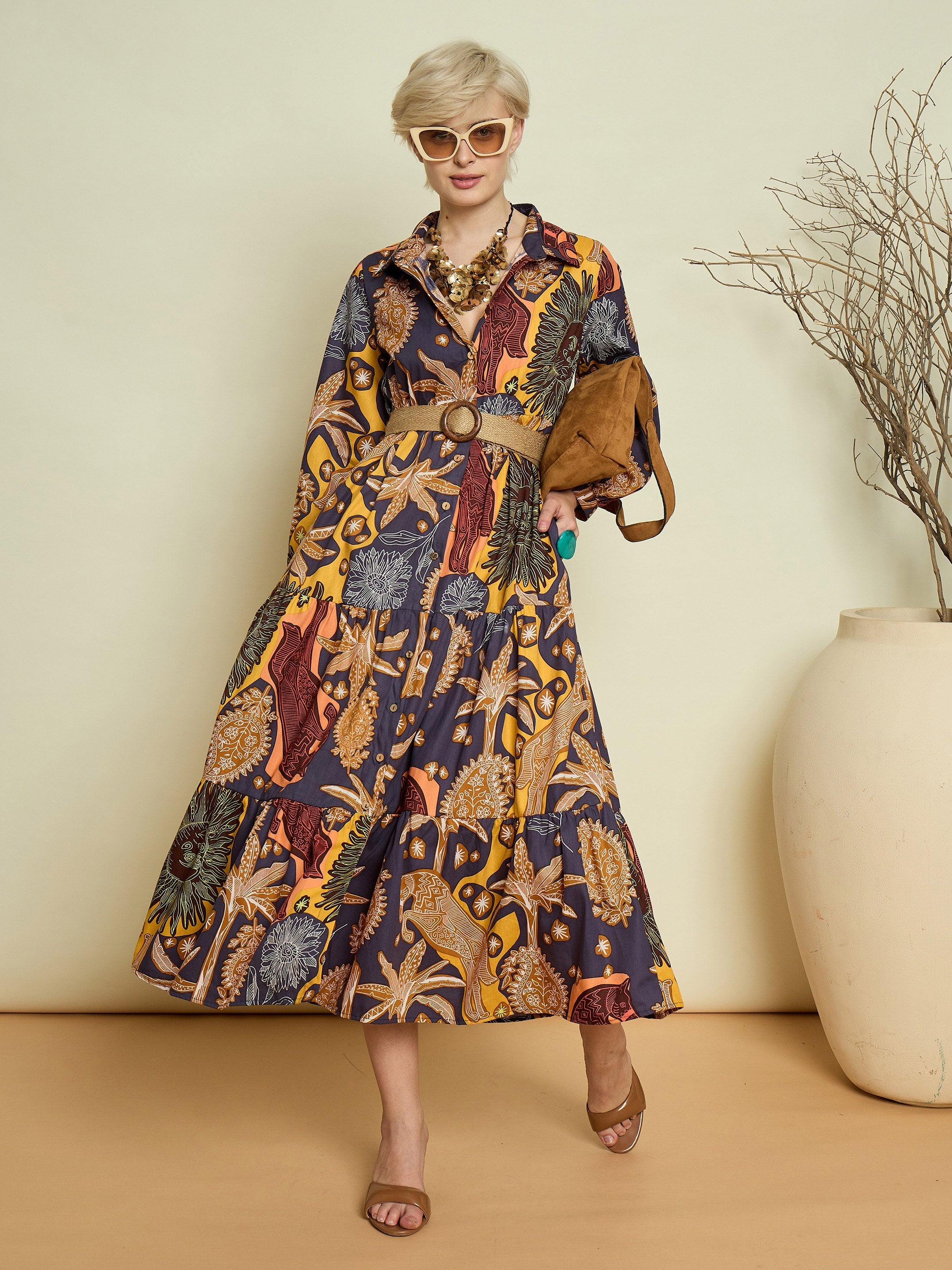 Women Grey Boho Printed Button Placket Tiered Maxi Dress-SFDRSS13373