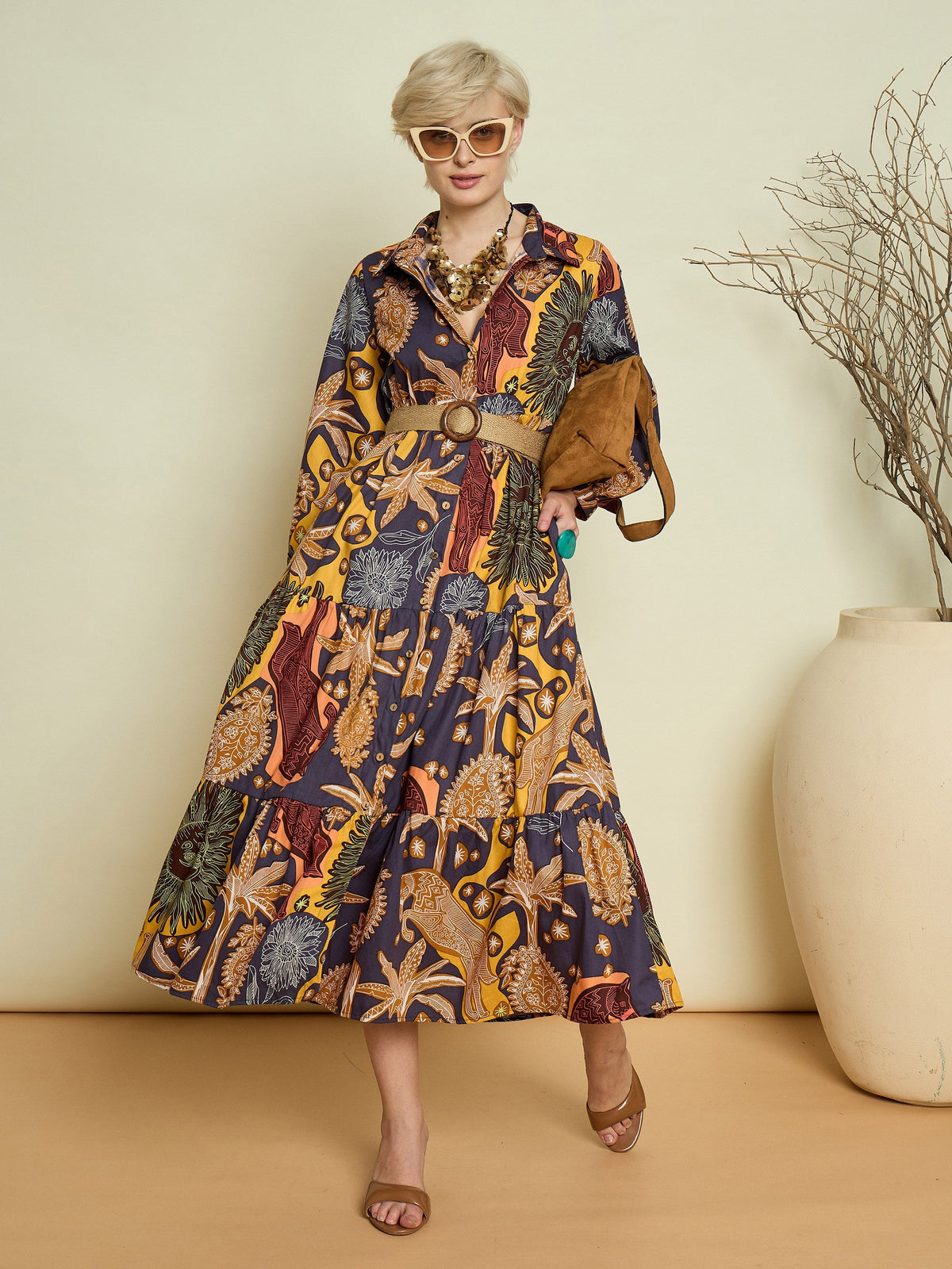 Women Grey Boho Printed Button Placket Tiered Maxi Dress-SFDRSS13373