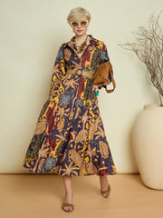 Women Grey Boho Printed Button Placket Tiered Maxi Dress-SFDRSS13373