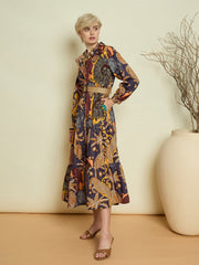Women Grey Boho Printed Button Placket Tiered Maxi Dress-SFDRSS13373
