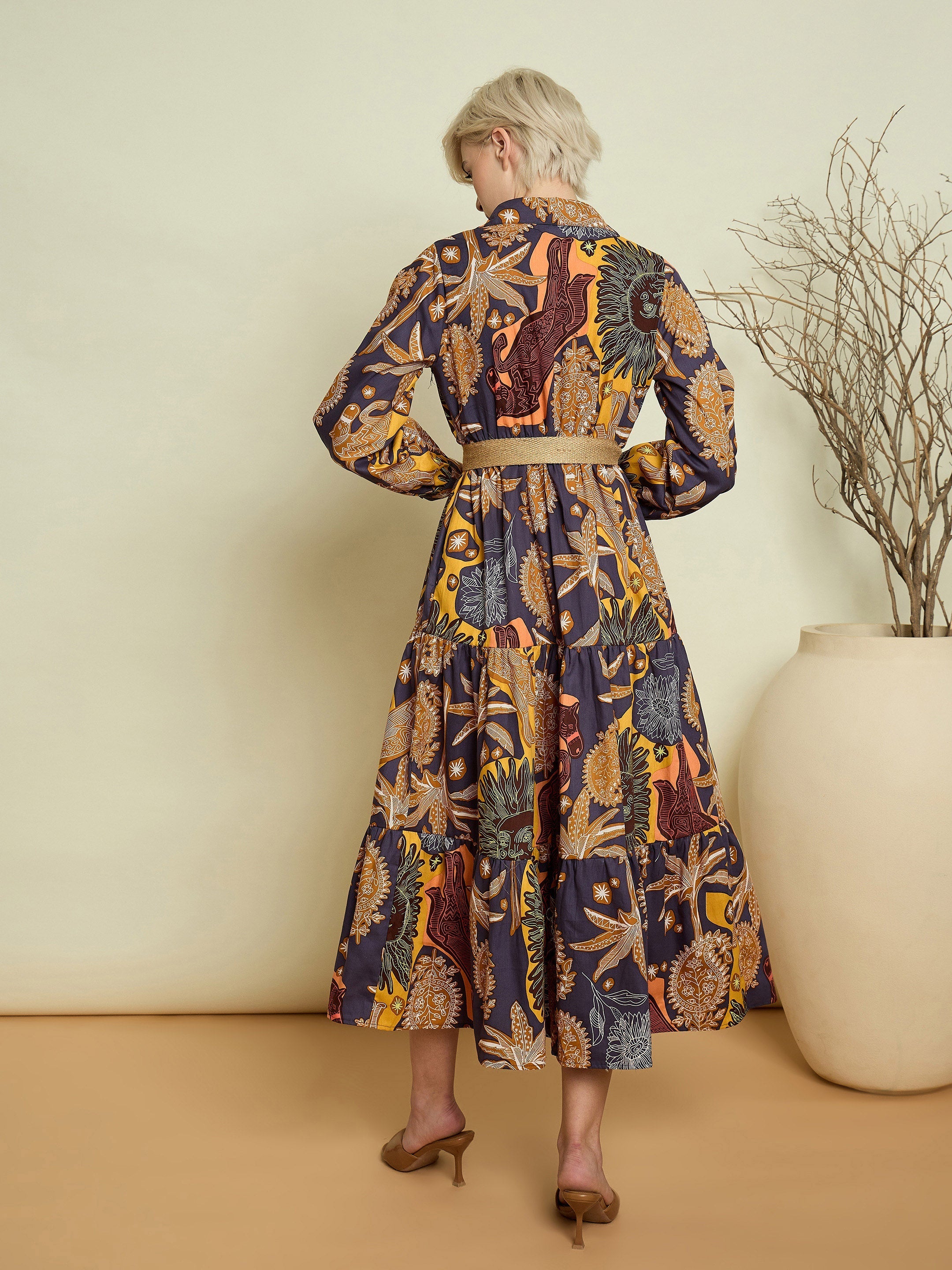Women Grey Boho Printed Button Placket Tiered Maxi Dress-SFDRSS13373