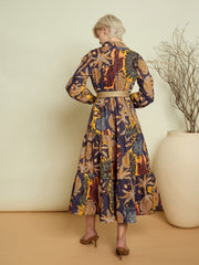 Women Grey Boho Printed Button Placket Tiered Maxi Dress-SFDRSS13373