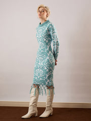 Women Blue Jaquard Acrylic Wool High Neck Hem Frindge Midi Dress-SFDRSS13374