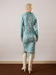 Women Blue Jaquard Acrylic Wool High Neck Hem Frindge Midi Dress-SFDRSS13374