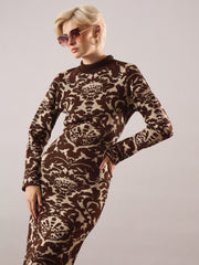 Women Brown Jaquard Acrylic Wool High Neck Hem Frindge Midi Dress-SFDRSS13375