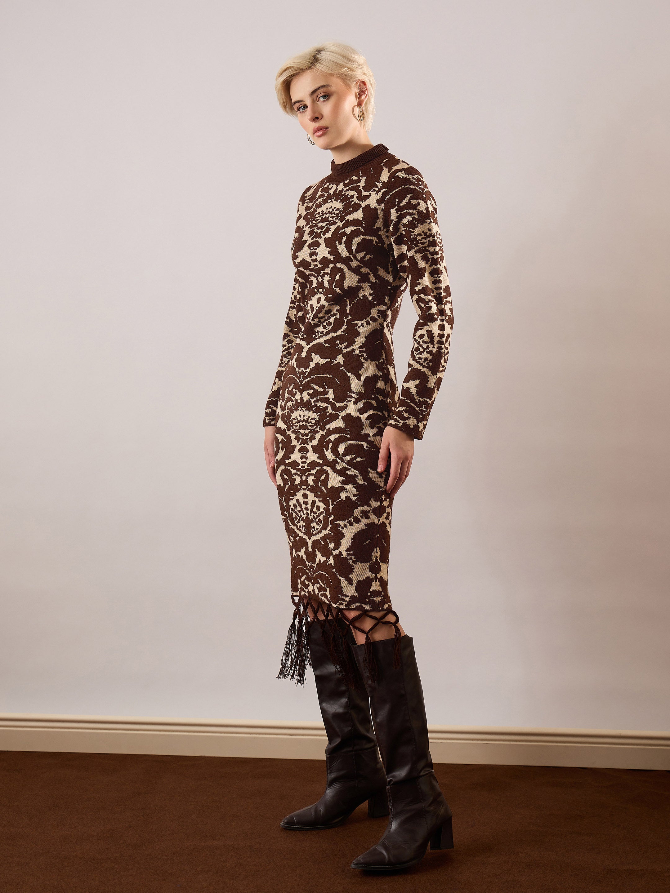 Women Brown Jaquard Acrylic Wool High Neck Hem Frindge Midi Dress-SFDRSS13375