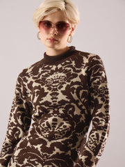 Women Brown Jaquard Acrylic Wool High Neck Hem Frindge Midi Dress-SFDRSS13375