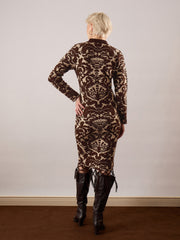 Women Brown Jaquard Acrylic Wool High Neck Hem Frindge Midi Dress-SFDRSS13375