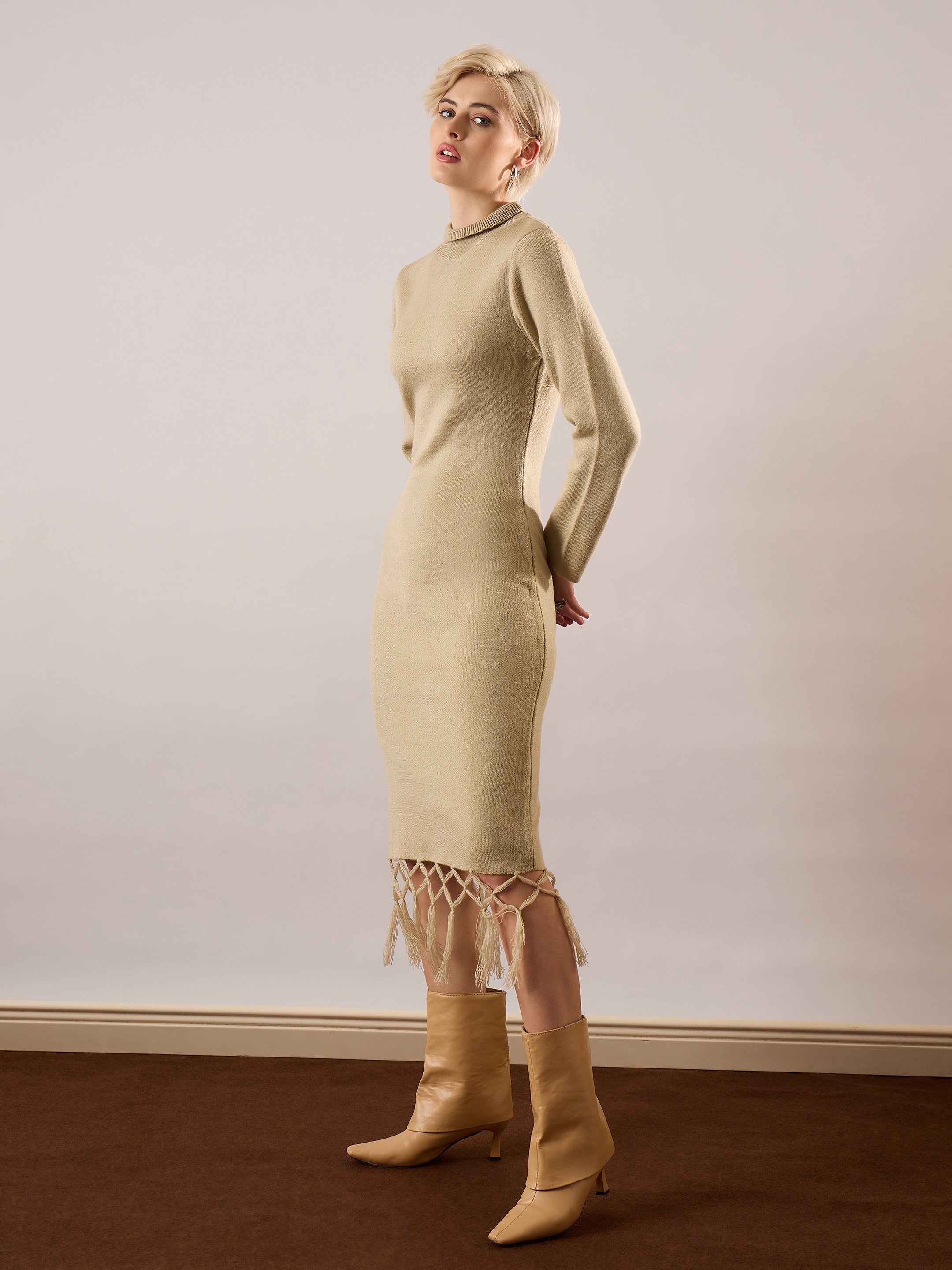 Women Beige Acrylic Wool Hem Frindge Detail Midi Dress-SFDRSS13376