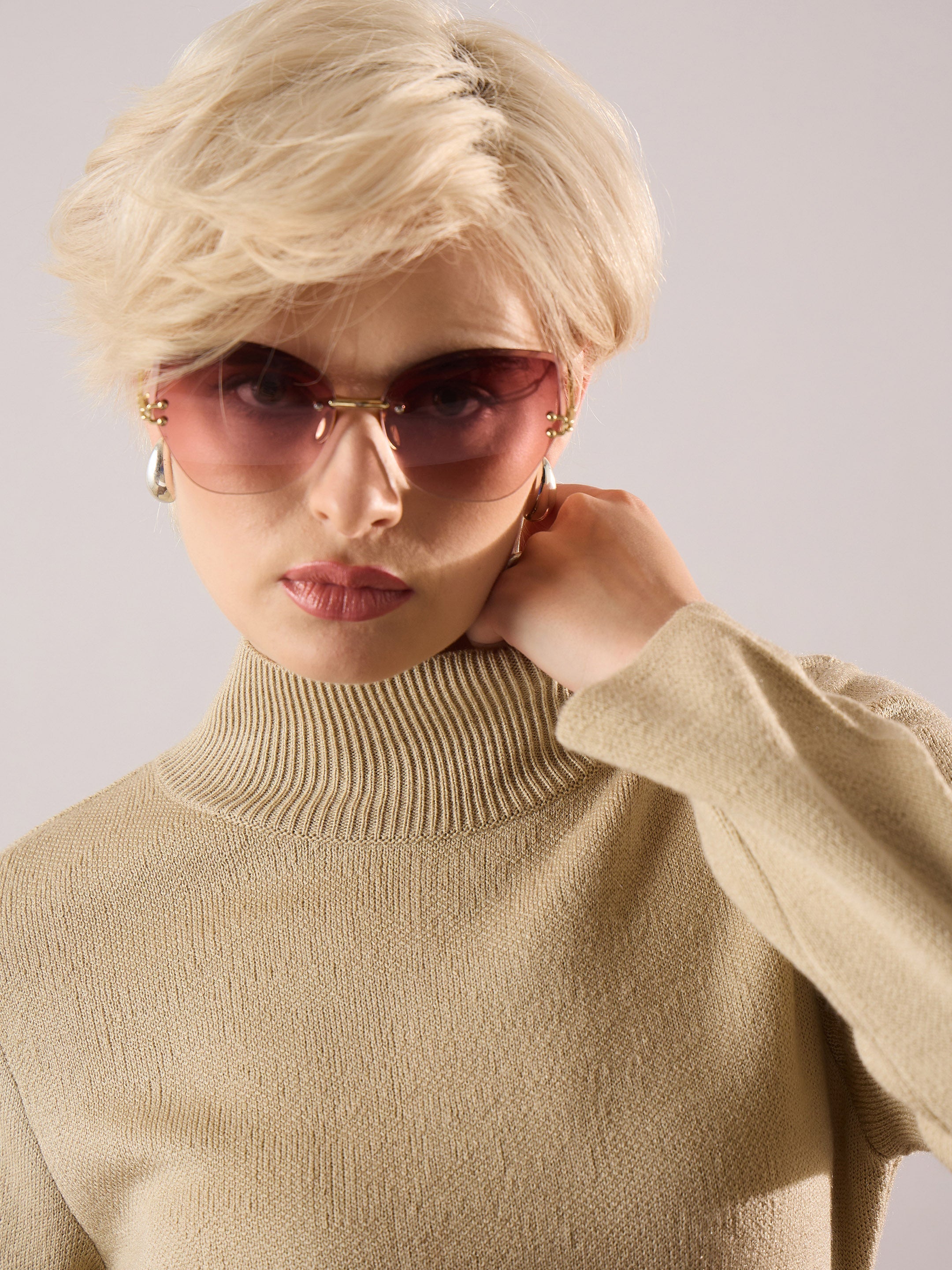 Women Beige Acrylic Wool Hem Frindge Detail Midi Dress-SFDRSS13376