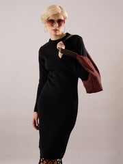 Women Black Acrylic Wool Hem Frindge Detail Midi Dress-SFDRSS13377